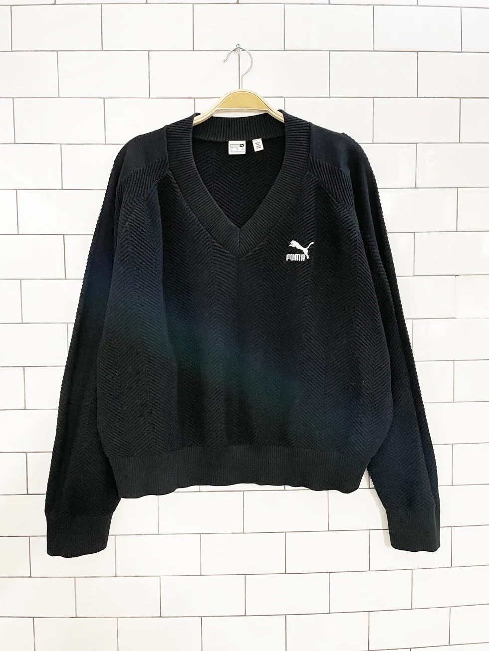 puma herrringbone knit v-neck cotton sweater sold by Good Market Thrift Store