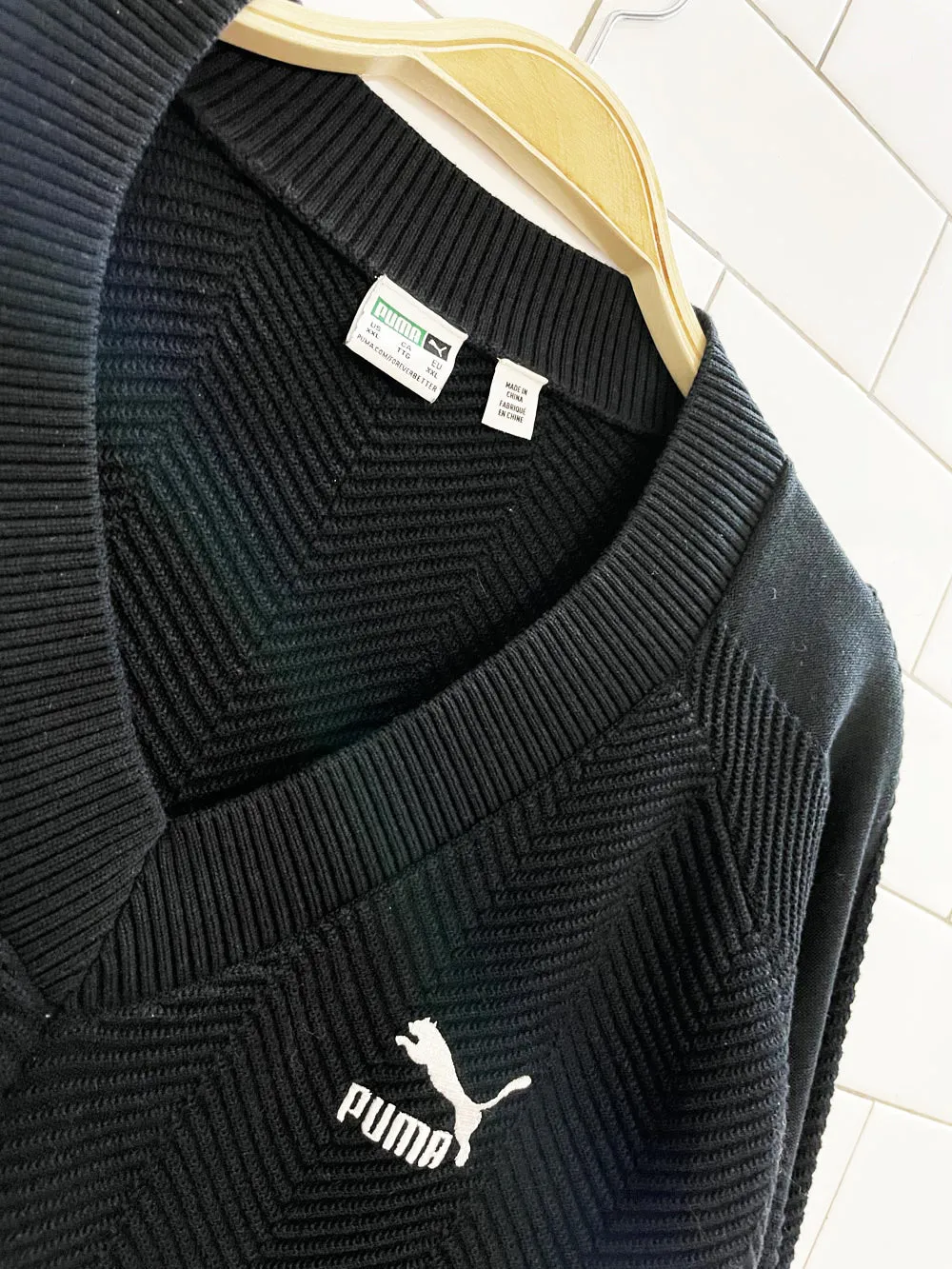 puma herrringbone knit v-neck cotton sweater sold by Good Market Thrift Store product image thumbnail 2