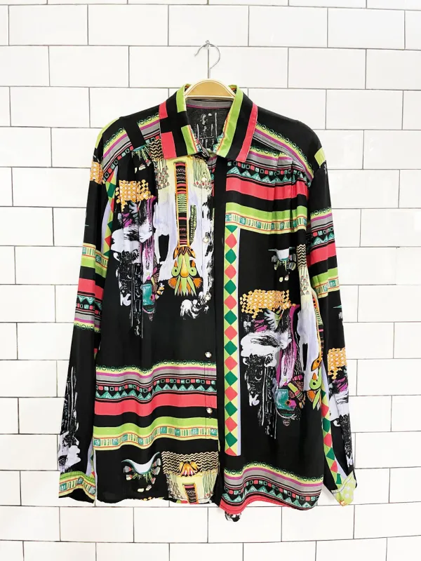 vintage 80s pleated shoulder pearl button abstract blouse | made in Italy sold by Good Market Thrift Store