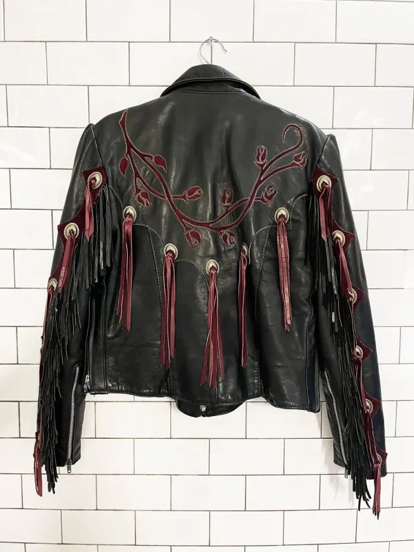 vintage 70s harley davidson roses + concho fringe gypsy leather jacket | made in USA sold by Good Market Thrift Store