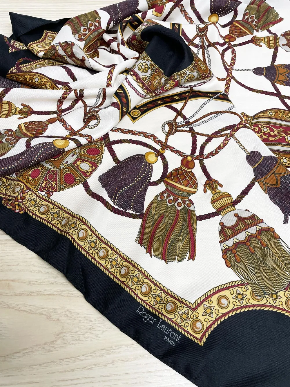 vintage roger laurent paris equestrian rope tassel xl square scarf sold by Good Market Thrift Store