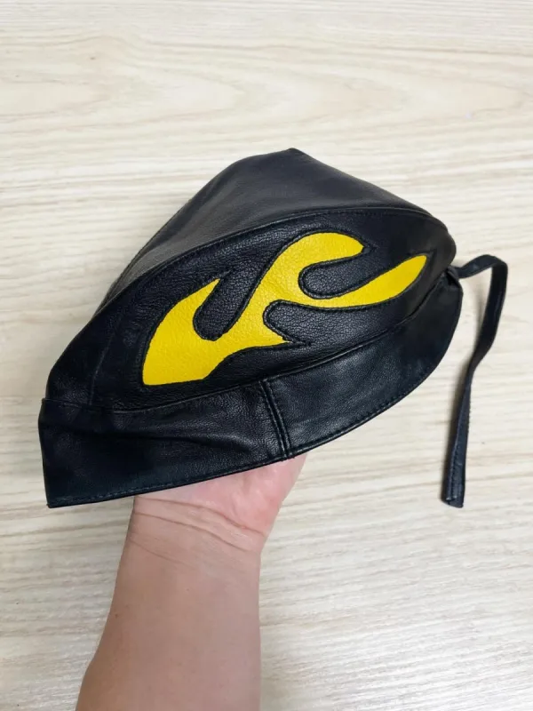 leather flame biker skull cap sold by Good Market Thrift Store