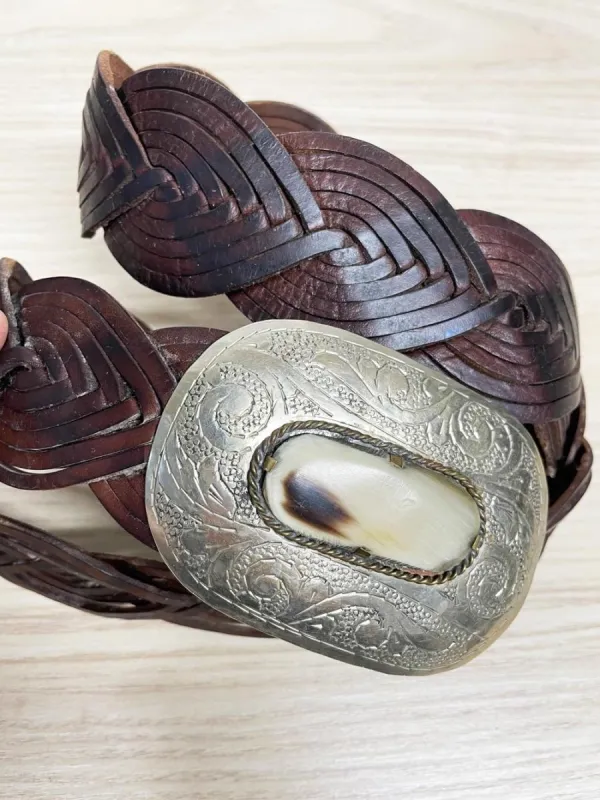 vintage handmade boho woven leather belt w silver + bone buckle sold by Good Market Thrift Store