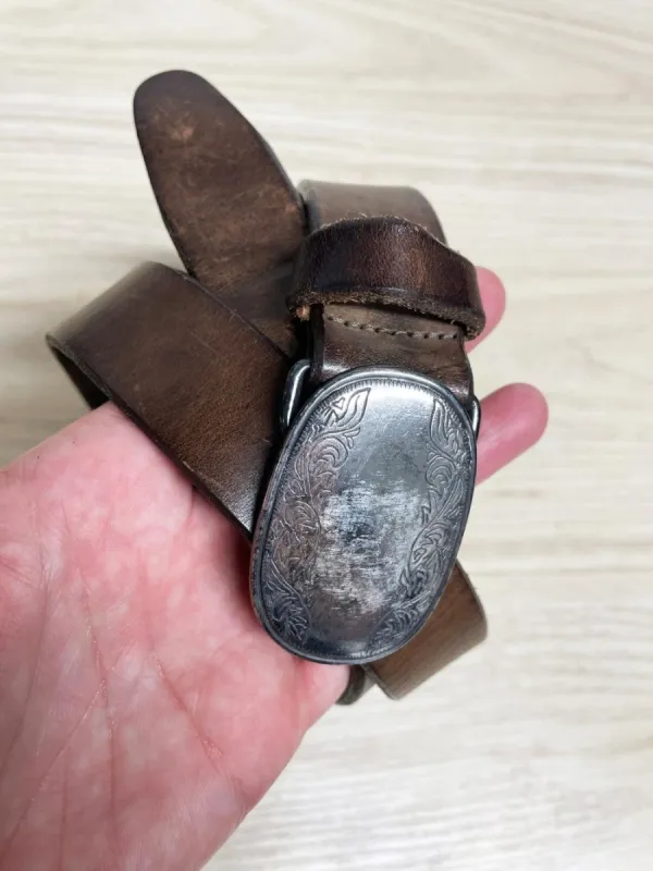 vintage eddie bauer leather belt w silver belt buckle | made in USA sold by Good Market Thrift Store