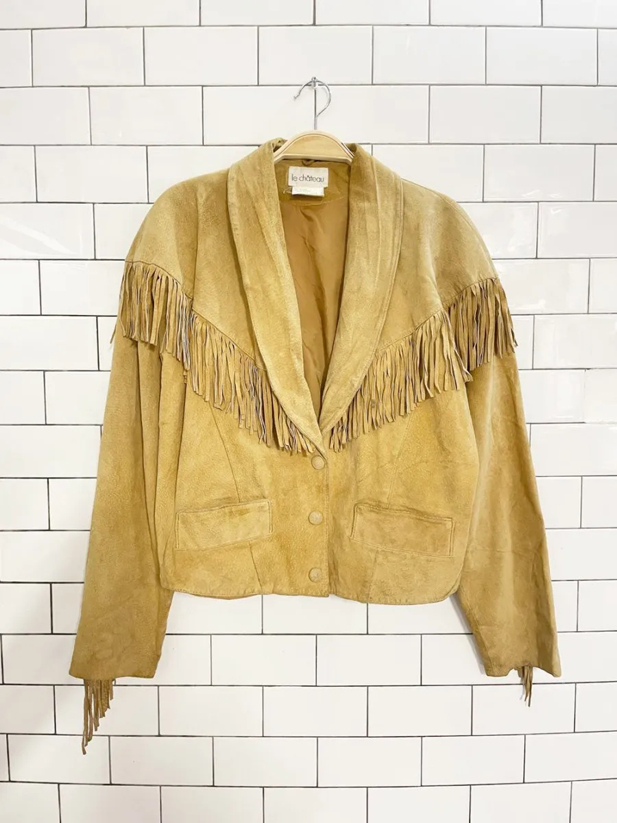 vintage 80s le chateau suede western fringe leather jacket sold by Good Market Thrift Store