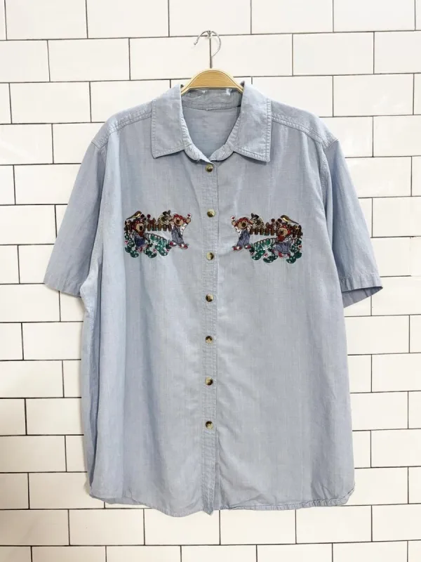 vintage 90s teddy bear gardeners embroidered shirt sold by Good Market Thrift Store