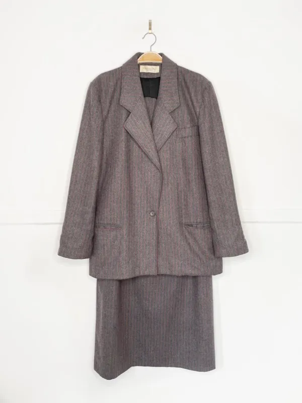 x2 vintage christian dior prêt a porter wool-blend pin stripe blazer + midi skirt set sold by Good Market Thrift Store