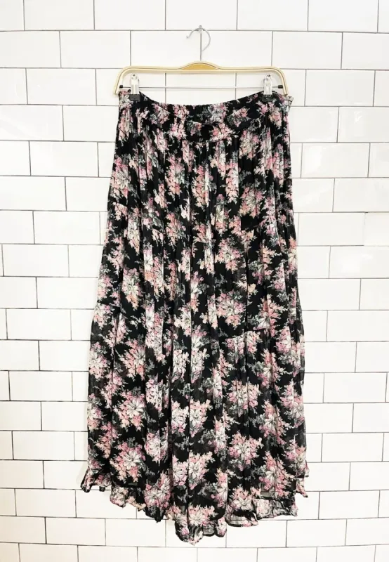 vintage 90s neo nostalgic boho tiered chiffon floral maxi skirt | made in India sold by Good Market Thrift Store