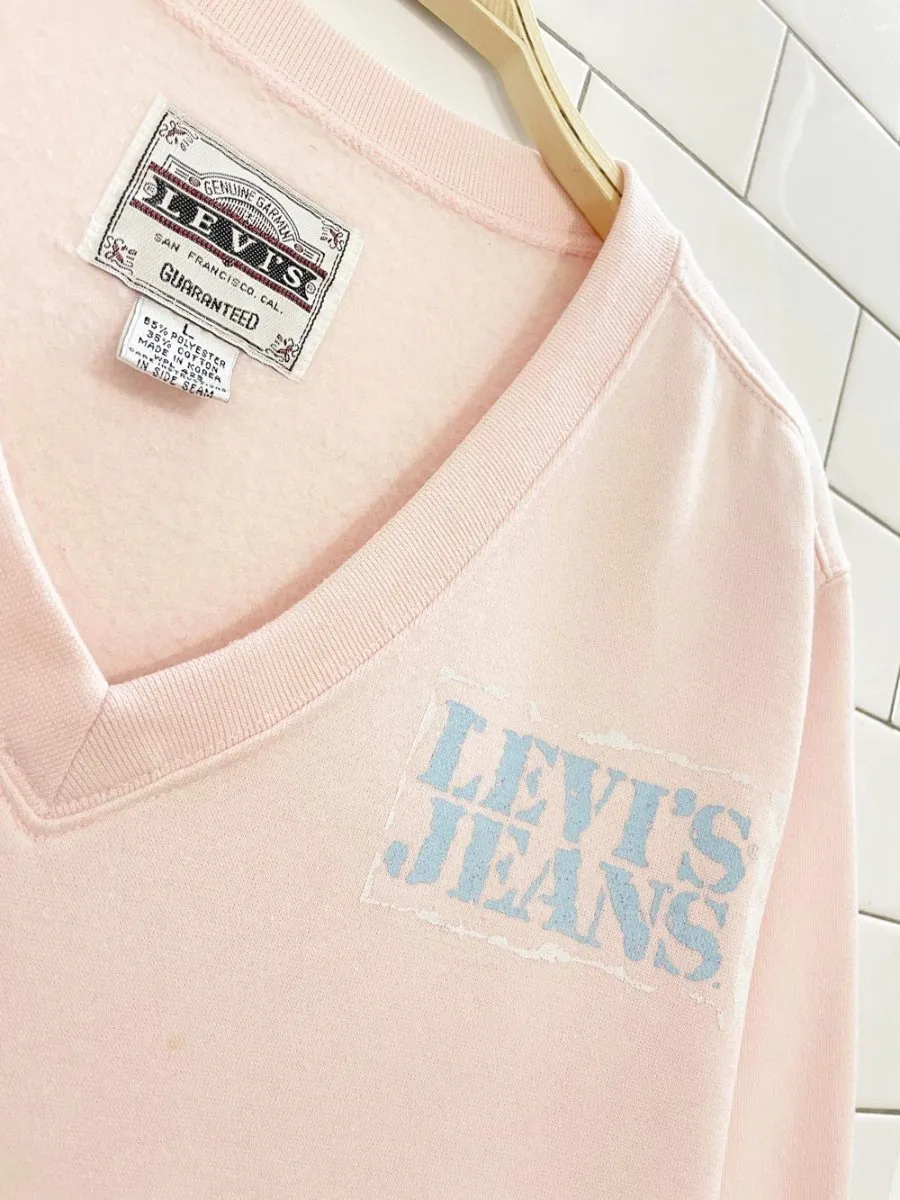 vintage 90s levi's white tab pink v-neck sweatshirt sold by Good Market Thrift Store product image thumbnail 2