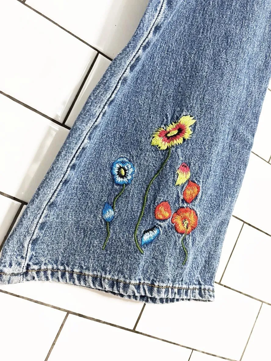 vintage 00s santa barbara floral embroidered flare jeans sold by Good Market Thrift Store product image thumbnail 2