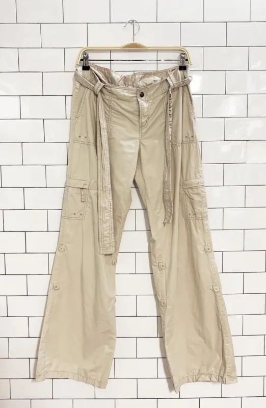 y2k dish clothing roll up flared belted cargo pants sold by Good Market Thrift Store