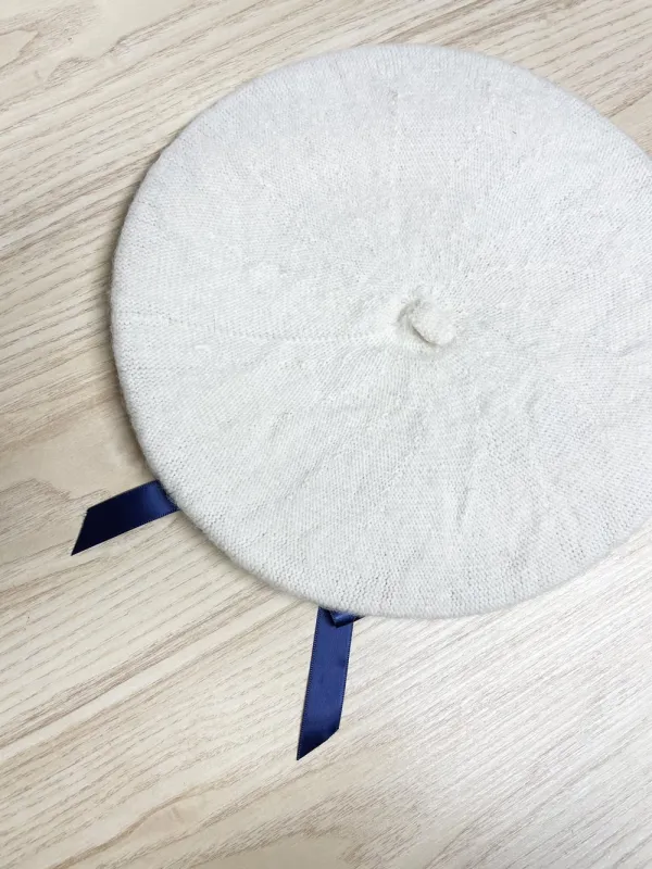 vintage cream wool french beret with satin bow sold by Good Market Thrift Store