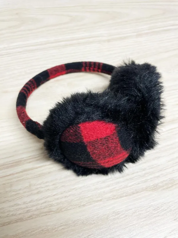 faux fur red tartan ear muffs sold by Good Market Thrift Store