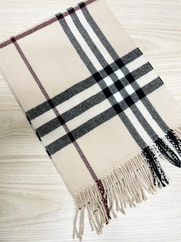 neutrals nova check style plaid fringe scarf sold by Good Market Thrift Store