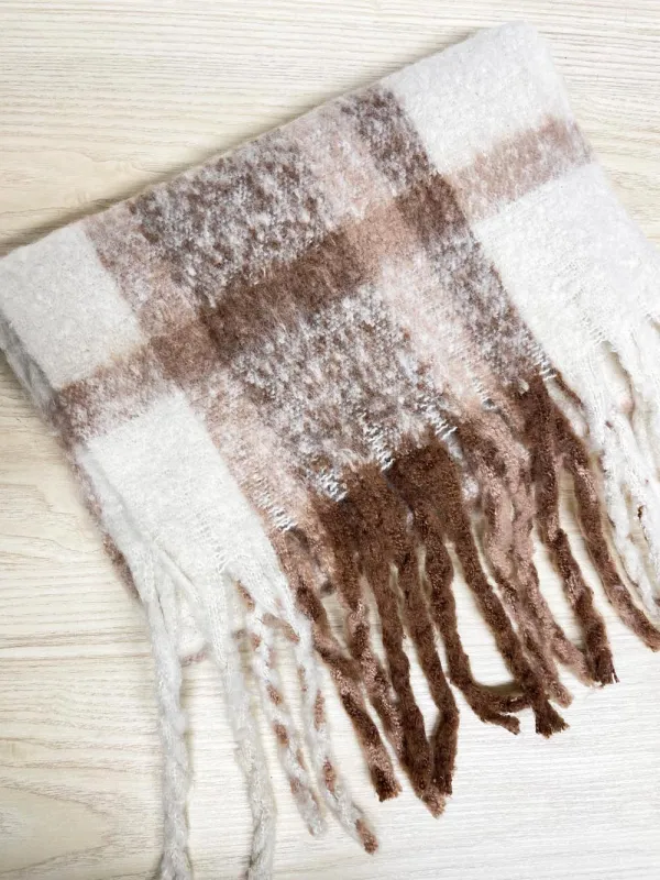 neutrals fuzzy woven plaid fringe scarf sold by Good Market Thrift Store