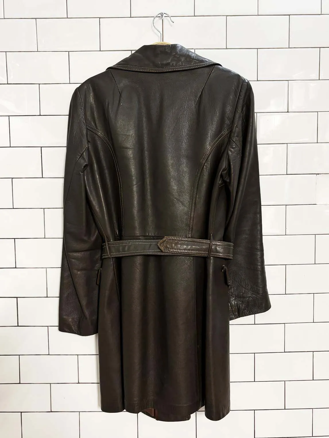 vintage 70s olympic leather western belted trench coat sold by Good Market Thrift Store product image thumbnail 3