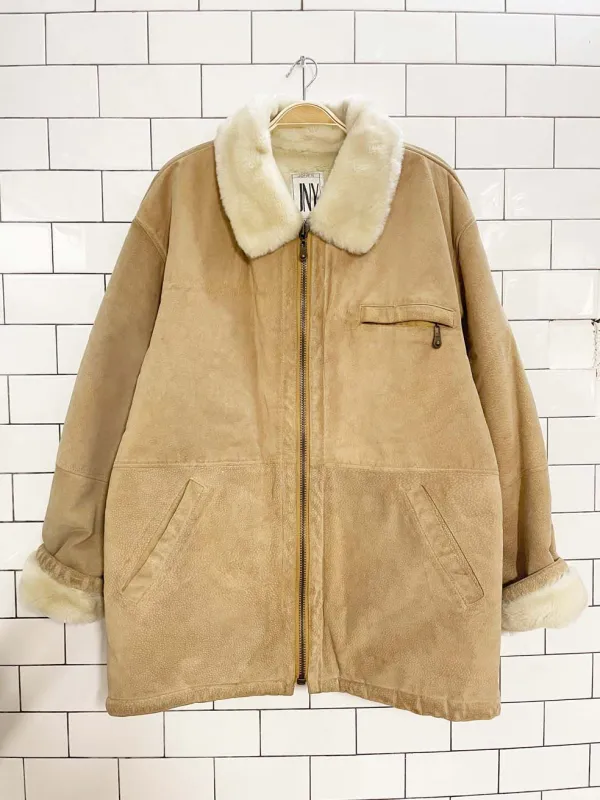 vintage 90s jones new york suede sherpa lined full zip coat sold by Good Market Thrift Store
