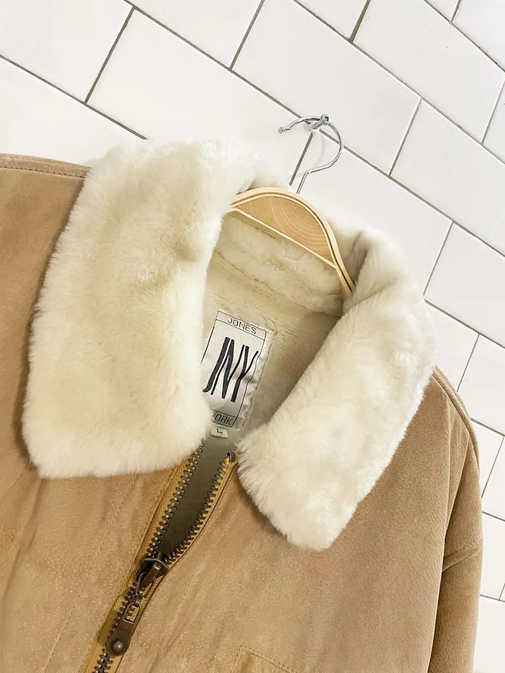 vintage 90s jones new york suede sherpa lined full zip coat sold by Good Market Thrift Store product image thumbnail 2