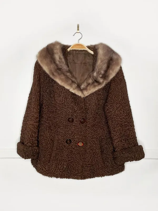 vintage 50s mink trim brown persian lamb double breasted short coat sold by Good Market Thrift Store