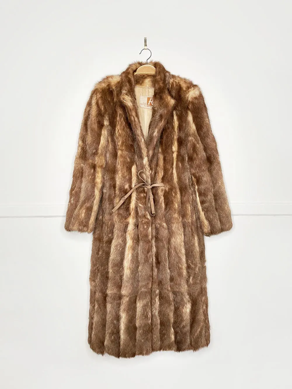 vintage 60s robinson's mink long coat with drawstring leather waist sold by Good Market Thrift Store