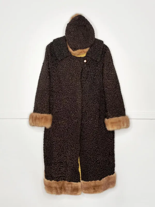 vintage 50s mink trim brown persian lamb coat with matching hat sold by Good Market Thrift Store