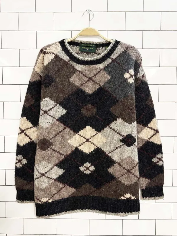 vintage 90s embassy row 100% wool hand-knit argyle sweater sold by Good Market Thrift Store