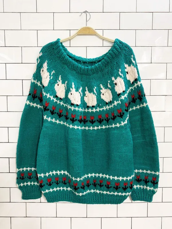 vintage 80s handmade wool-blend fair isle loose knit sweater sold by Good Market Thrift Store