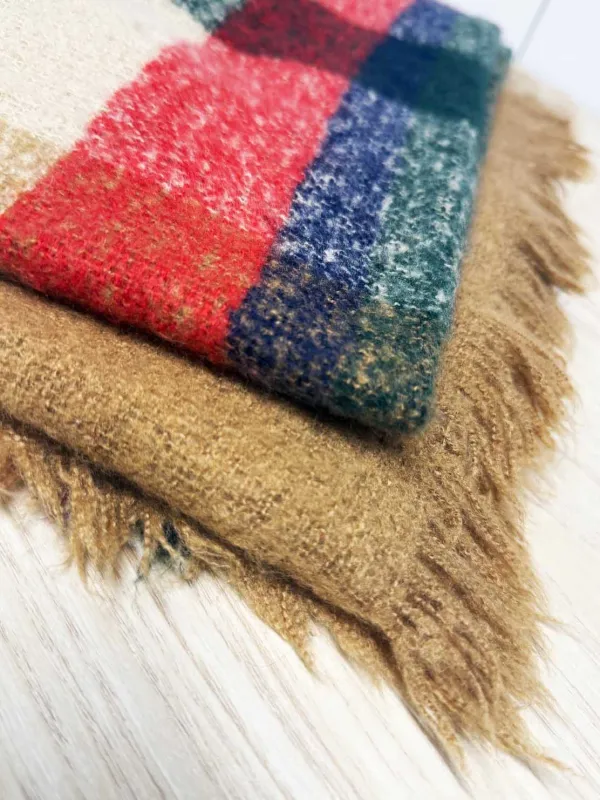 fuzzy woven plaid brushed fringe scarf sold by Good Market Thrift Store