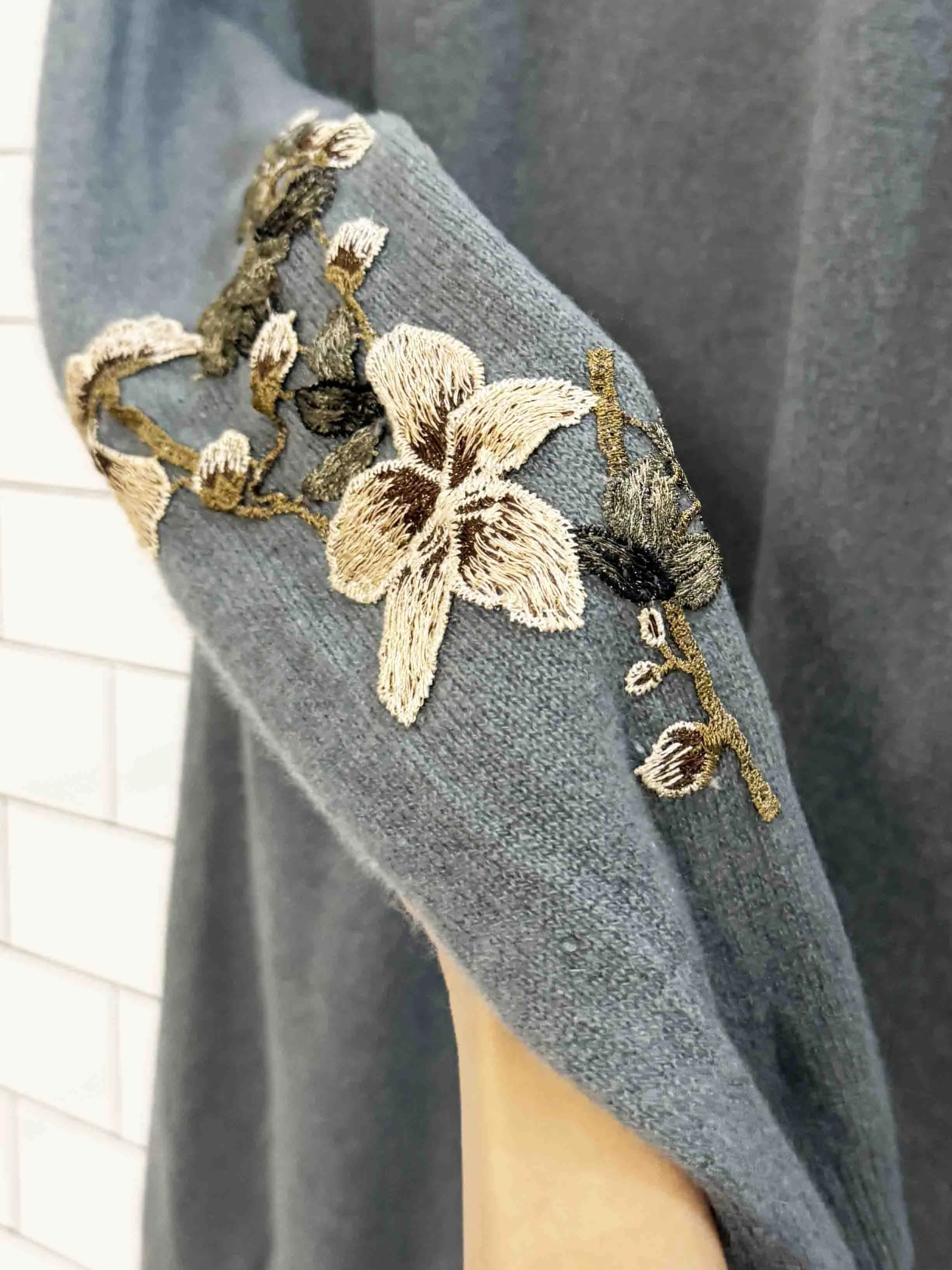 theory 100% cashmere floral embroidery open knit cardigan | rework sold by Good Market Thrift Store product image thumbnail 2
