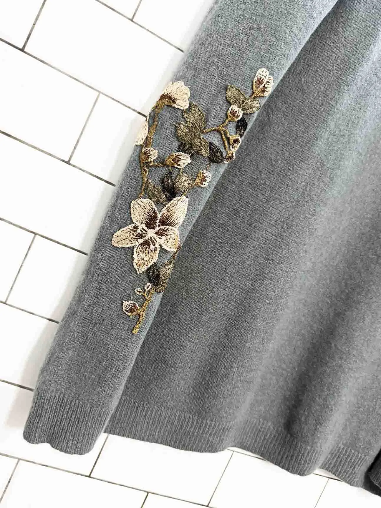 theory 100% cashmere floral embroidery open knit cardigan | rework sold by Good Market Thrift Store product image thumbnail 4