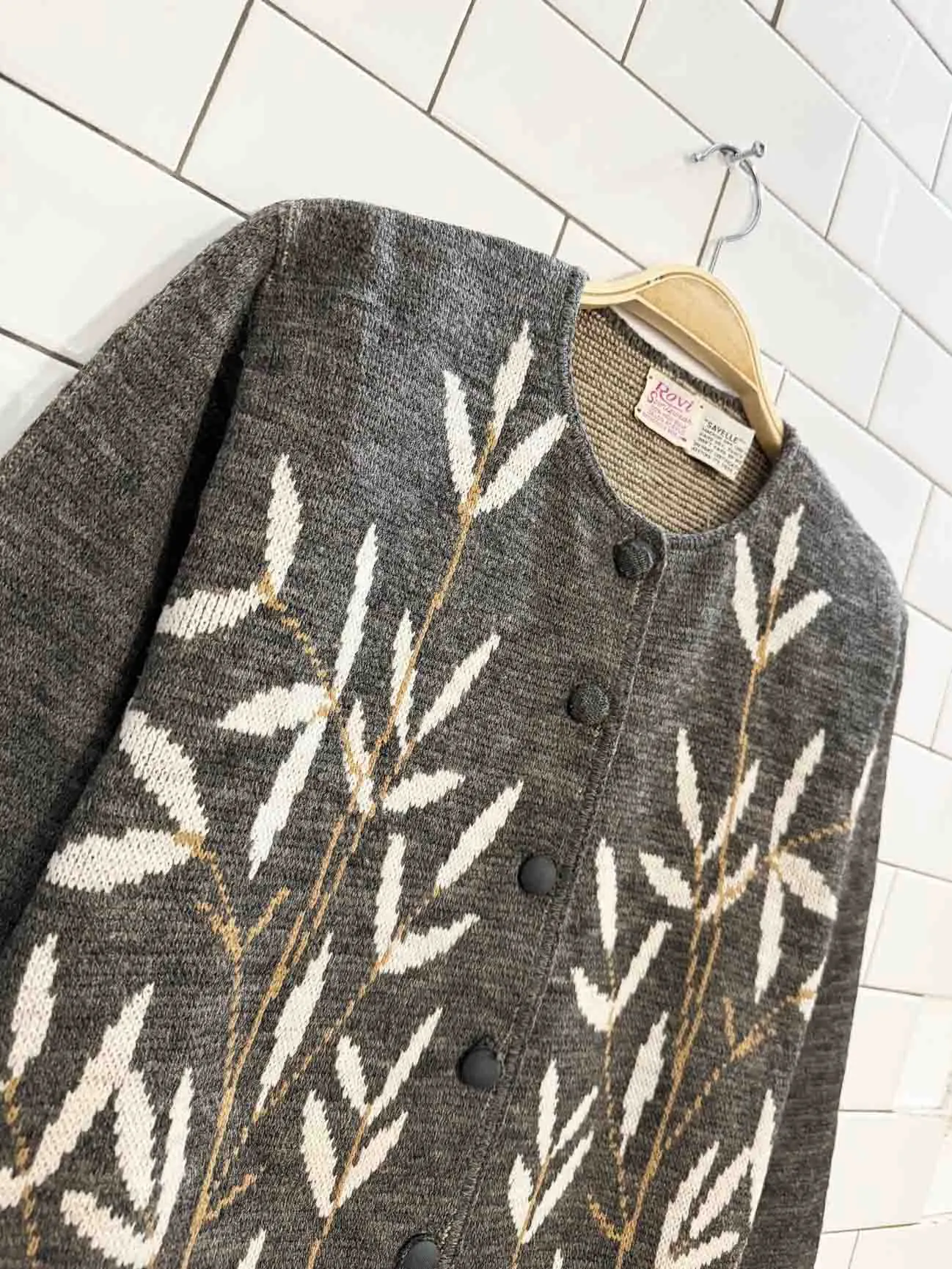 vintage 60s rovi botanical leaf knit boxy cardigan | sayelle sold by Good Market Thrift Store product image thumbnail 2