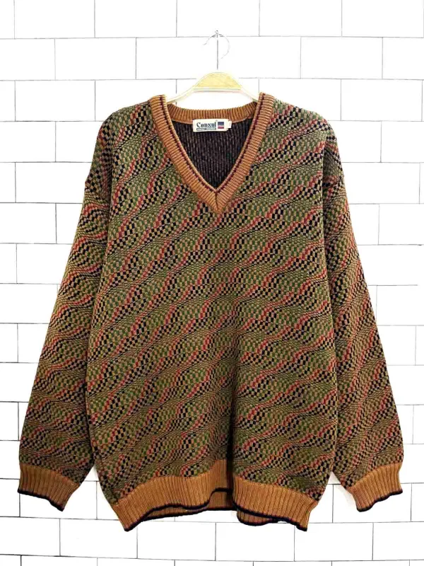 vintage 80s consul wave knit v-neck sweater sold by Good Market Thrift Store