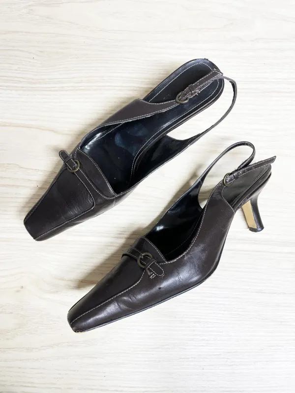 y2k espanola leather buckle square toe slingback heels sold by Good Market Thrift Store