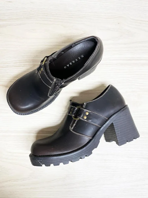 y2k nevada harness square toe heeled faux leather loafer | charlotte sold by Good Market Thrift Store