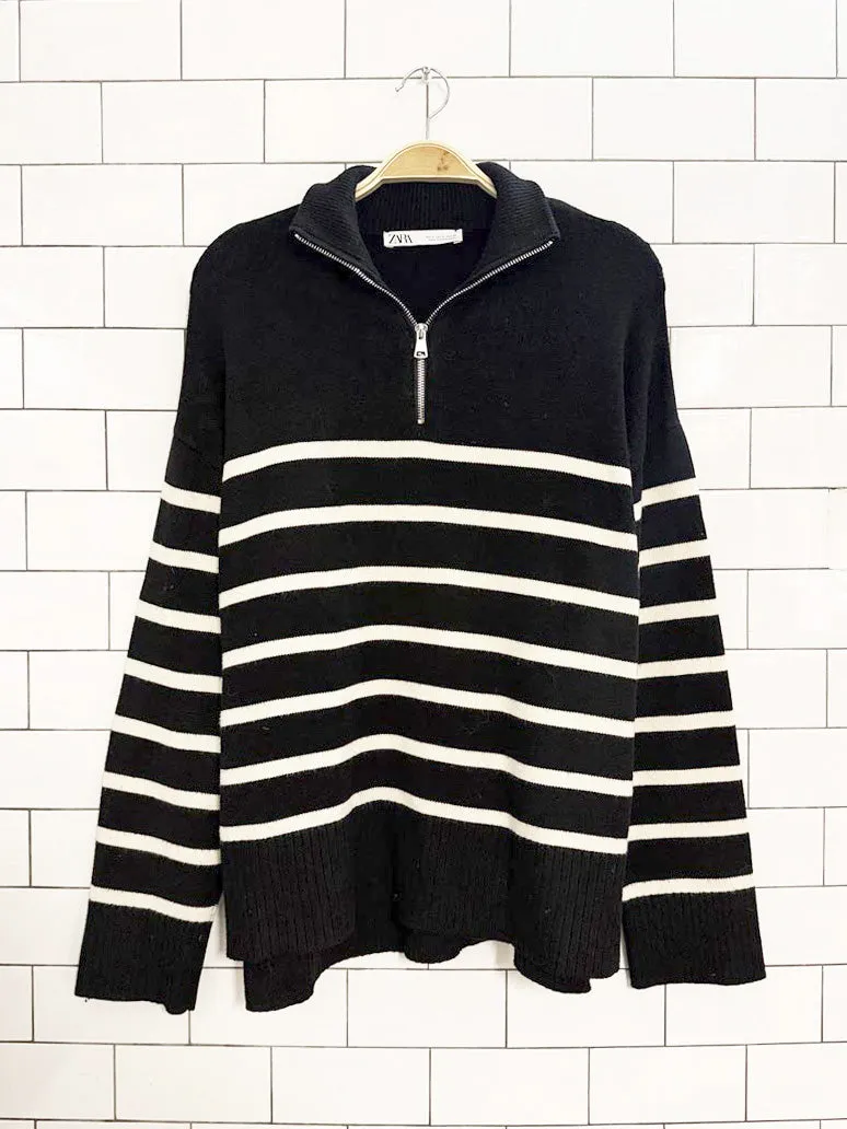 zara striped half zip knit sweater sold by Good Market Thrift Store