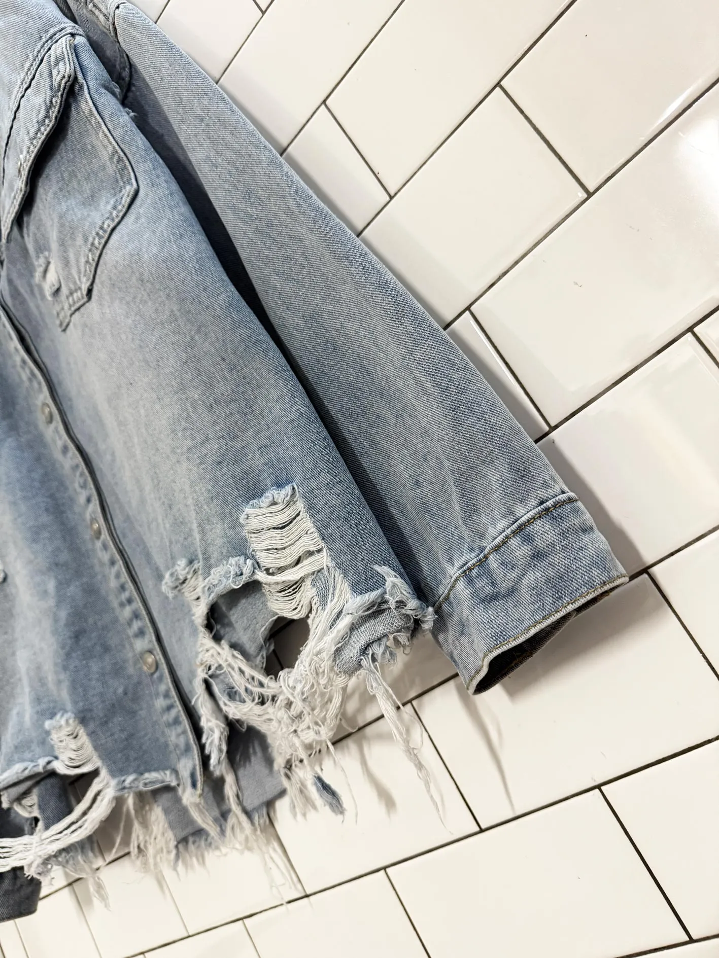 GB distressed oversized boxy denim jacket sold by Good Market Thrift Store product image thumbnail 3