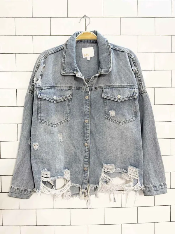 GB distressed oversized boxy denim jacket sold by Good Market Thrift Store