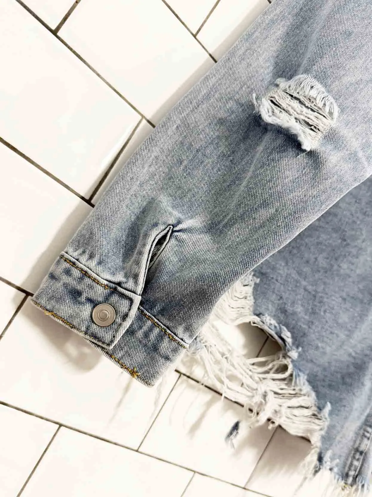 GB distressed oversized boxy denim jacket sold by Good Market Thrift Store product image thumbnail 5