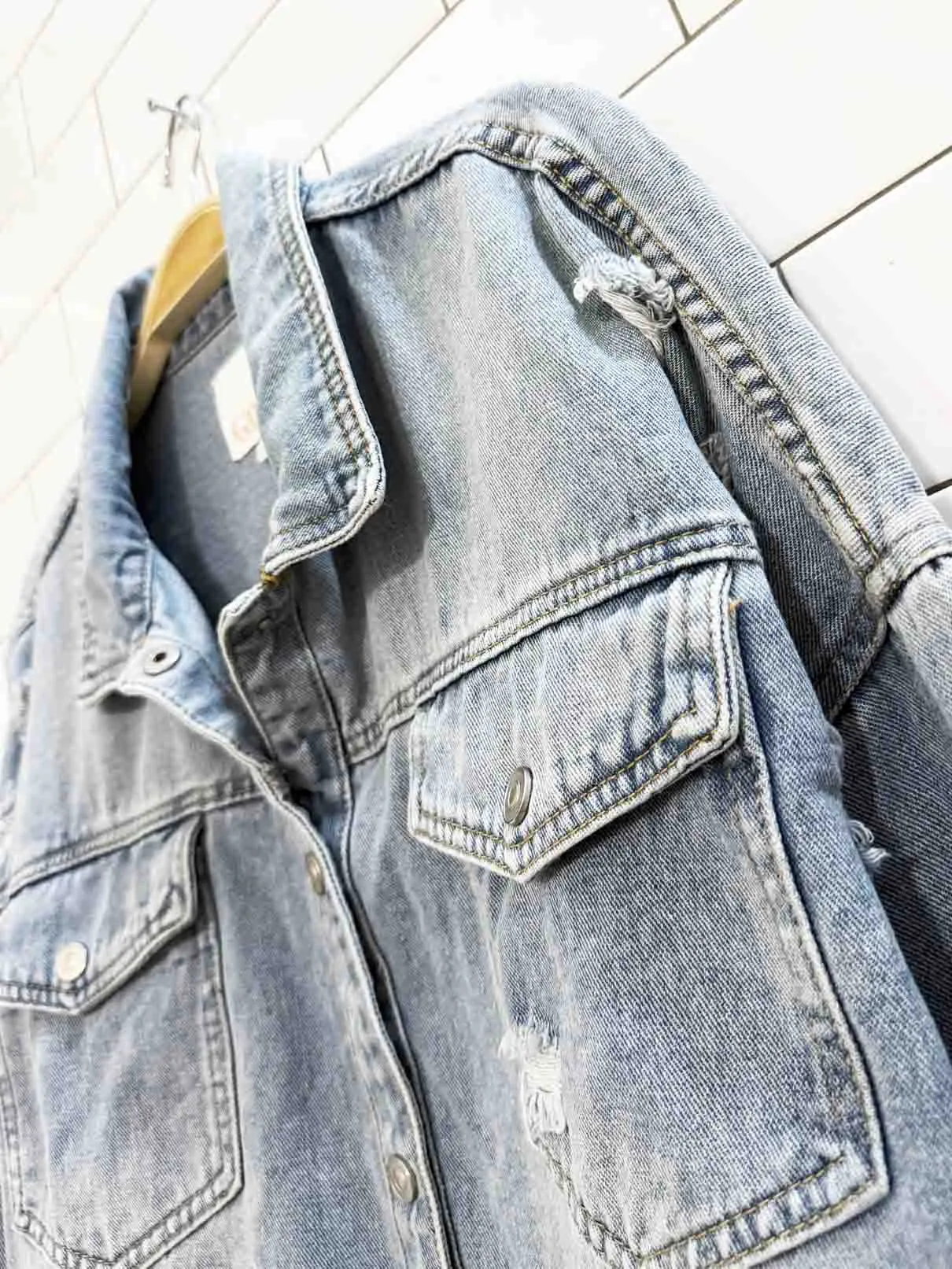 GB distressed oversized boxy denim jacket sold by Good Market Thrift Store product image thumbnail 2
