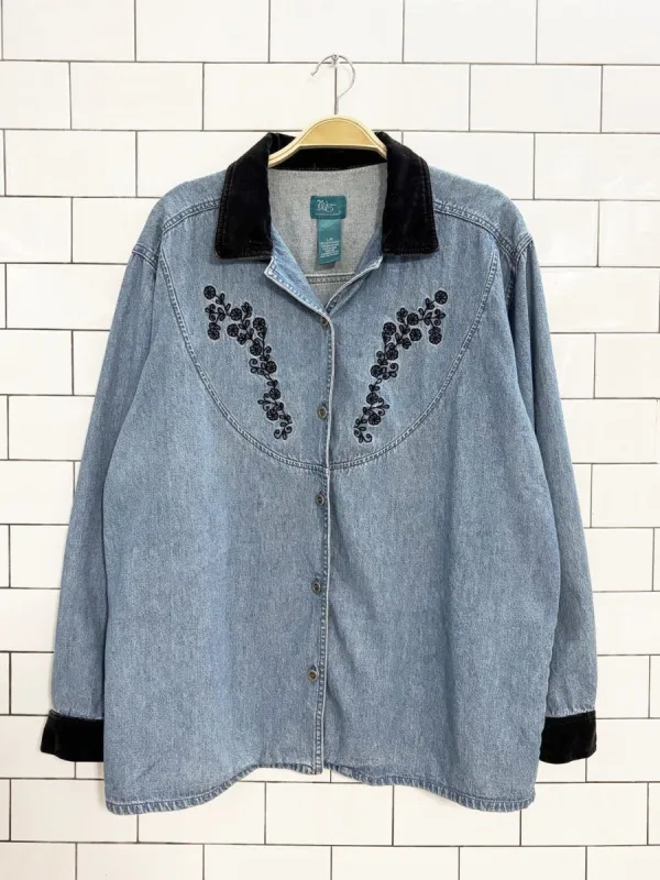 vintage velvet collar embroidered denim shirt | weekend edition sold by Good Market Thrift Store