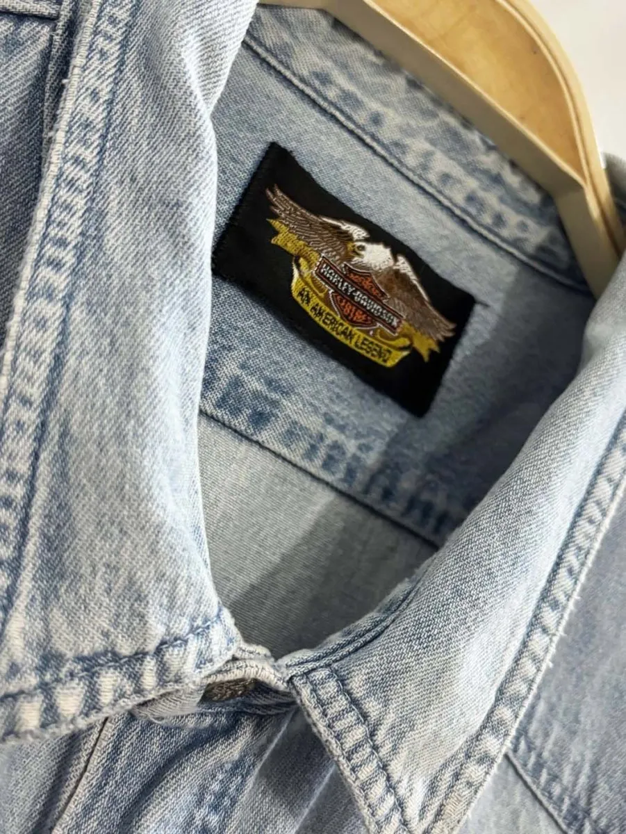 vintage 90s harley davidson snap button denim pocket shirt sold by Good Market Thrift Store product image thumbnail 3