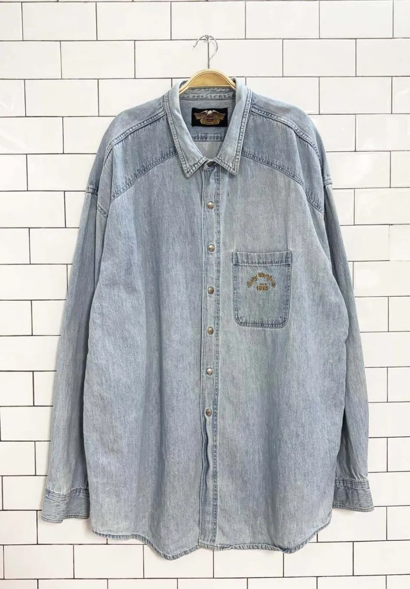 vintage 90s harley davidson snap button denim pocket shirt sold by Good Market Thrift Store