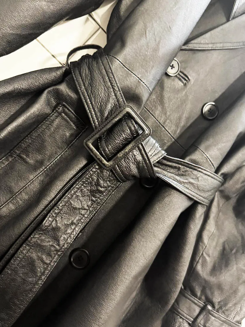 vintage phase 2 leather double breasted belted trench coat sold by Good Market Thrift Store product image thumbnail 4