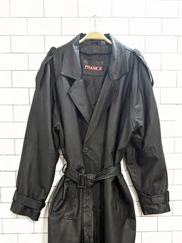 vintage phase 2 leather double breasted belted trench coat sold by Good Market Thrift Store