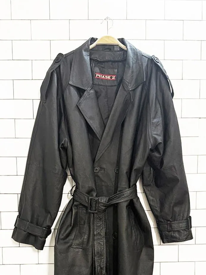 vintage phase 2 leather double breasted belted trench coat sold by Good Market Thrift Store