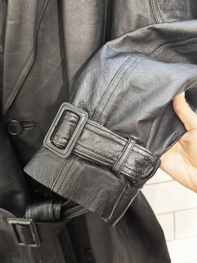 vintage phase 2 leather double breasted belted trench coat sold by Good Market Thrift Store product image thumbnail 5