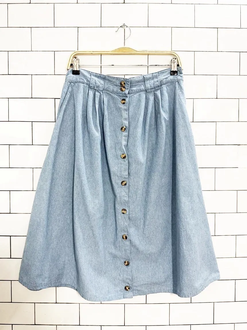 vintage 00s cabin creek pleated denim full button midi skirt sold by Good Market Thrift Store