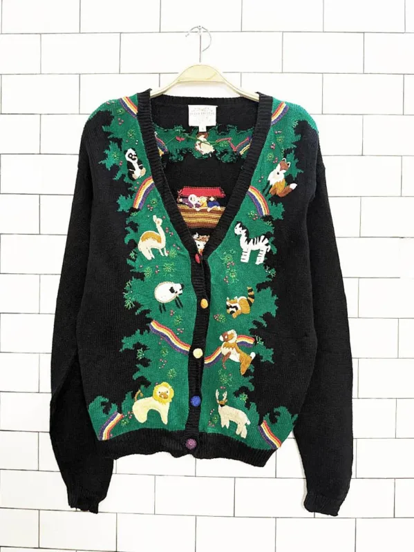 vintage 90s susan bristol hand-embroidered noahs ark knit cardigan sold by Good Market Thrift Store