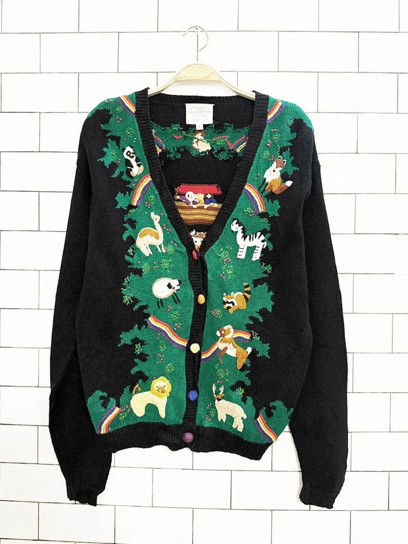 vintage 90s susan bristol hand-embroidered noahs ark knit cardigan sold by Good Market Thrift Store