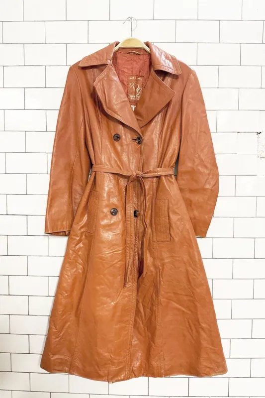 vintage AQG leather double breasted belted trench coat | made in Spain | the mulberry bush sold by Good Market Thrift Store